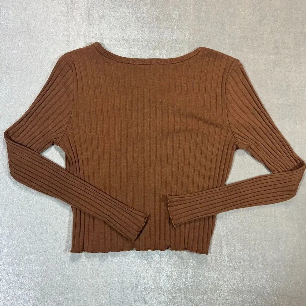 Altar’d State Ribbed Button Front Crop Womens Large Brown Long Sleeve - Picture 7 of 7